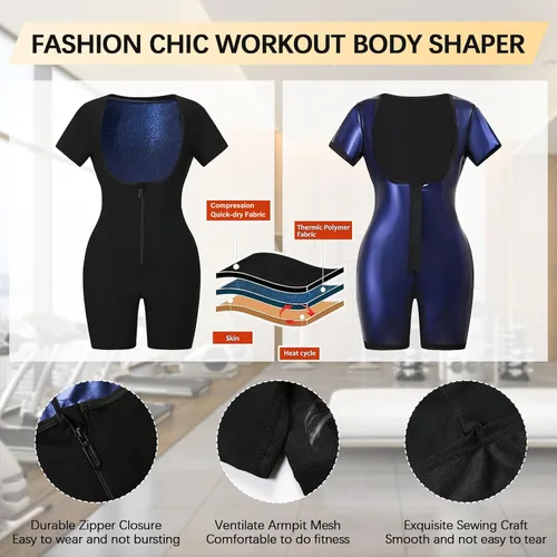 Miniatura 3 de Traje de sauna para mujer, entrenamiento de cintura de cuerpo completo, traje de sudor de manga corta con pantalones cortos moldeador de cuerpo
