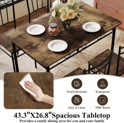 Miniatura 6 de Juego de mesa de comedor de 5 piezas, moderna mesa de cocina de metal y madera con 4 sillas, juegos de mesa de comedor para espacios pequeños