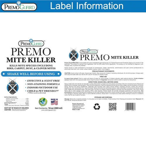 Miniatura 8 de Premo Guard Spray de tratamiento de ácaros, 16 onzas, mata el polvo, la sarna, la araña, la alfombra, los ácaros de pájaros, ratones y ratas