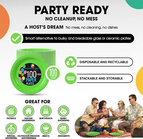 Miniatura 9 de Exquisite Party Solids - Platos desechables de papel verde lima, de 9 pulgadas, platos desechables de color verde lima para fiestas, 100