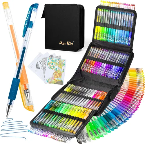 Bolígrafos de gel con purpurina con estuche para libros de colorear para adultos, juego de 100 colores con purpurina con un 30% más de tinta de neón