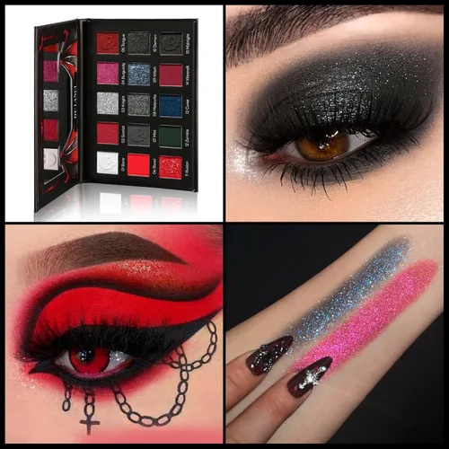 Miniatura 4 de Paleta de sombras de ojos roja y negra, maquillaje gótico rojo de Halloween Paleta de sombras de ojos negra con brillo plateado y purpurina, crema
