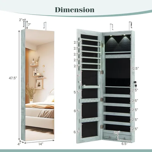 Miniatura 33 de Giantex Armario de joyería para puerta de pared con espejo de longitud completa, 2 LED con cerradura grande organizador de joyas con espejo ancho
