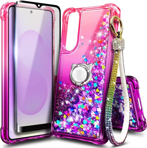 Miniatura 26 de Funda compatible con Samsung Galaxy S24-FE Aqua/Purple Funda líquida flotante con purpurina linda con protector de pantalla de vidrio templado