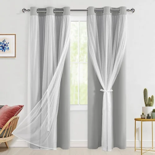 Miniatura 32 de Hiasan Cortinas opacas con superposición transparente, aislamiento térmico para mezclar y combinar de doble capa, cortinas de oscurecimiento de Beige