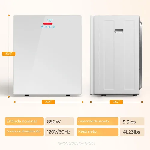 Miniatura 5 de EUHOMY Secadora de ropa portátil de 1.5 pies cúbicos, secadora compacta de 850 W con manguera de escape, acabado espejo, panel táctil LCD, 4 modos