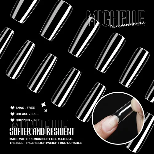 Miniatura 2 de Michelle 504 puntas de uñas postizas largas cuadradas a presión, puntas de uñas de gel preformadas para uñas acrílicas de cobertura completa, uñas