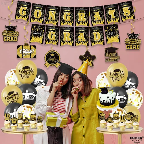 Miniatura 8 de KatchOn, Cartel de graduación de felicitaciones negras y doradas – Paquete de 37 Cartel de graduación de felicitaciones para decoraciones