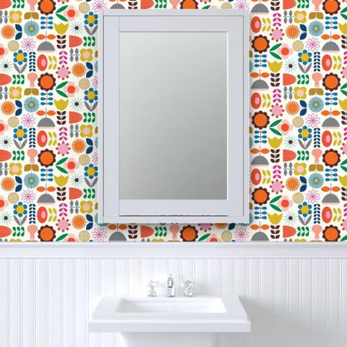 Miniatura 9 de Spoonflower Despegar y pegar papel tapiz Muestras - Mod Jardín escandinavo Scandi Arte Flores Margarita Azul Marino Naranja Rosa Vivero Floral