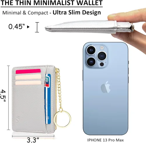 Miniatura 92 de Tarjetero delgado con bloqueo RFID, billetera de bolsillo pequeño, con cremallera Keychian para monedero, monedero y tarjetero para mujeres y hombres