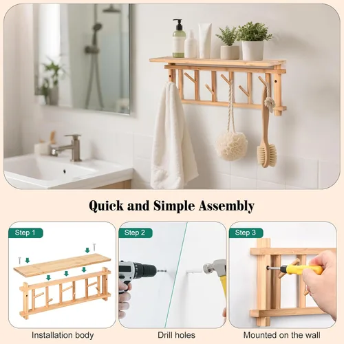 Miniatura 7 de Perchero montado en la pared con ganchos de estante para colgar abrigos con estante de entrada, estantes colgantes con 6 ganchos giratorios