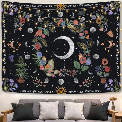 Kanuyee Tapiz Floral de Luna Tapiz de Flores para Dormitorio Tapices Bohemios para Colgar en la Pared Estético para Dormitorio y Sala de Estar Luna