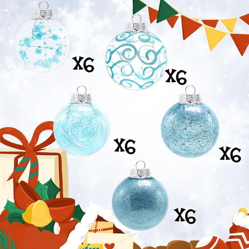 Miniatura 2 de Lulu Home 30 adornos de bola de Navidad transparentes de 2.36 pulgadas, bolas transparentes preencordadas con decoraciones únicas