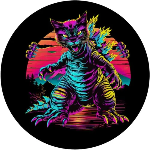 Miniatura 3 de Streetwear Synthwave 80s 90s Catzilla graphic Cat Japanese PopSockets Adhesive PopGrip