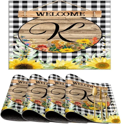Miniatura 54 de Manteles individuales de bienvenida con diseño de girasol vintage con bandera R con inicial, 1 unidad, estilo granja, para mesa de comedor, cocina