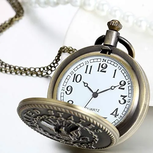Miniatura 2 de JewelryWe Reloj de bolsillo retro de bronce para hombre, reloj de cuarzo de veteranos del Cuerpo de Marines de los Estados Unidos para Navidad