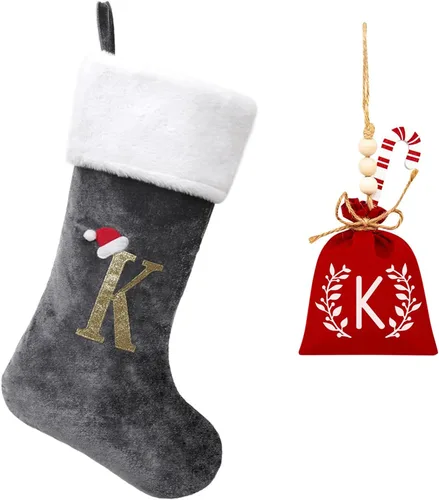 Miniatura 156 de Calcetines de Navidad bordados de 20 pulgadas con monograma, terciopelo negro con puño de felpa blanca supersuave, adornos clásicos para decoración