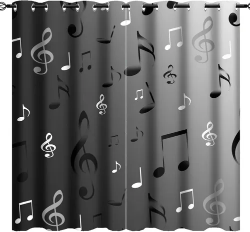 Miniatura 19 de Cortinas opacas de oscurecimiento de habitación con ojales, diseño rústico de símbolos musicales blancos y negros, tratamiento de ventana