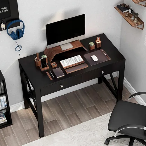 Miniatura 2 de ChooChoo Escritorio de Oficina en Casa Mesa de Escritura Mesa de Computadora Diseño Moderno Escritorio Negro con Cajones, Mesa de Tocador