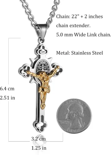 Miniatura 4 de HZMAN Religión Acero Inoxidable Saint St Benedict Crucifijo Cruz Colgante Collar INRI