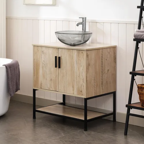 Miniatura 5 de UEV Mueble de baño de roble rústico de 30 pulgadas con lavabo, juego de gabinete de baño con marco de hierro industrial con puertas y estante