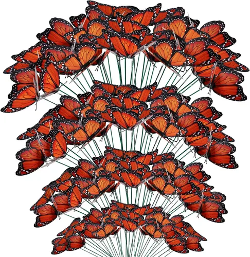 Vicenpal 200 estacas de mariposa monarca, mariposa monarca para el día de los muertos, adornos de jardín impermeables, 4 tamaños diferentes,