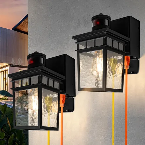 Paquete de 2 Luces de Porche para Exteriores con Toma GFCI - 3 Modos de Iluminación Lámpara Exterior, Sensor de Movimiento de Anochecer a Amanecer
