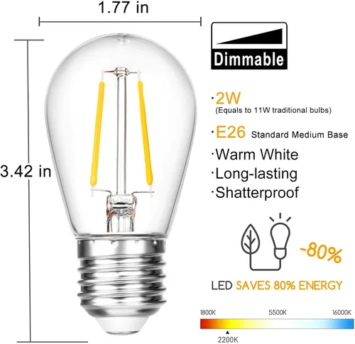 Miniatura 2 de VISTERLITE Bombillas LED de repuesto S14 inastillables, 2 W, equivalente a 11-25 vatios, blanco cálido 2200 K, tira de luces para exteriores