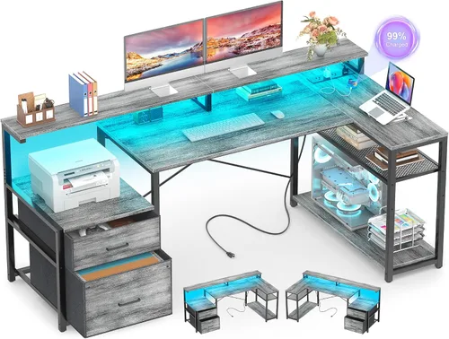 Miniatura 9 de Aheaplus Escritorio en forma de L con cajón de archivos, escritorio reversible en forma de L para computadora y juegos con toma de corriente