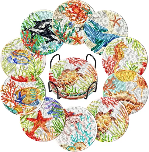 Miniatura 8 de Billbotk Kit de posavasos de pintura de diamantes, 10 posavasos de arte de diamantes con mandala, con soporte, manualidades y manualidades