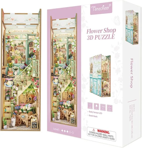 Miniatura 7 de Tonecheer Kit de rincón de libros para adultos, rompecabezas 3D de madera de Booknook, kit de casa en miniatura, decoración de estantería