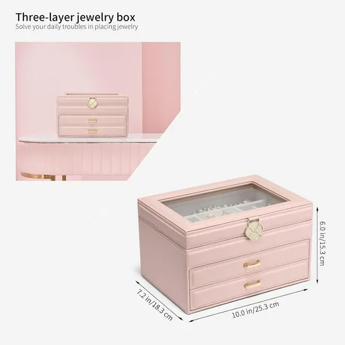 Miniatura 7 de Vlando Joyero para niñas y mujeres, organizador de joyas con tapa de vidrio con 2 cajones para regalos, almacenamiento grande de 3 capas