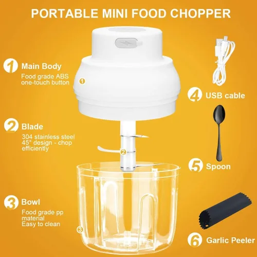 Miniatura 2 de Picadora eléctrica de ajos, trituradora de ajos, trituradora de ajo, procesador de alimentos pequeño con pelador de ajo y cuchara