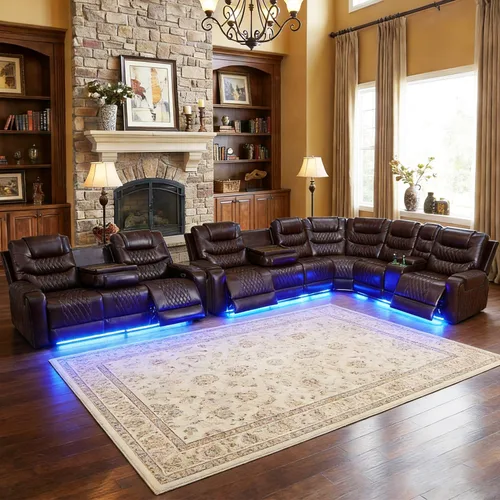 Miniatura 38 de Juego de sofá modular reclinable eléctrico para sala de estar, juego de sofá reclinable de cuero con luces LED / almacenamiento oculto, sofá