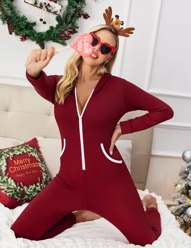 Miniatura 5 de Ekouaer Pijama de Navidad con capucha para mujer, manga larga, con cremallera, ropa de dormir novedosa
