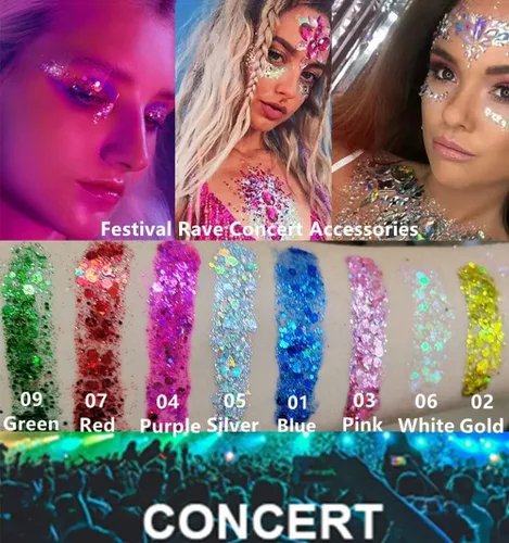 Miniatura 7 de Go Ho Brillantina azul para rostro y cuerpo, pintura facial azul de Halloween, gel brillante de sirena, lentejuelas gruesas holográficas para ojos