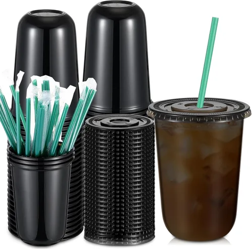 Miniatura 8 de Baderke Juego de 25 vasos de plástico con tapas y pajitas, tazas de plástico desechables para café helado, jugo, batido, cristal para cafeterías