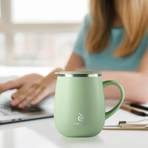 Miniatura 6 de Ideus Taza de café aislada de 16 onzas con asa y tapa, taza de café térmica al vacío de acero inoxidable de doble pared, taza de café de viaje