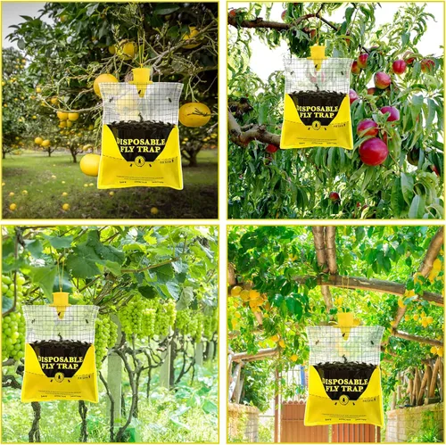 Miniatura 9 de Trampas para moscas al aire libre para patio, paquete de 4 bolsas grandes precebadas desechables para exteriores, cazador de moscas colgantes