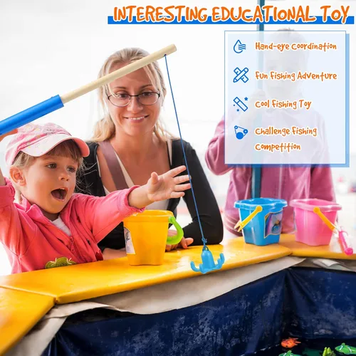 Miniatura 5 de Sumind 6 cañas de pescar magnéticas de madera para niños con ganchos magnéticos, juguete de verano, playa, piscina, actividad, regalos para jardín