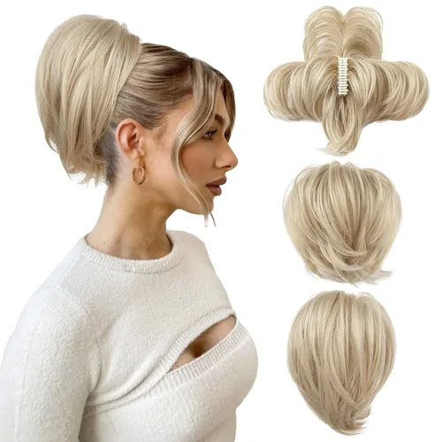 Miniatura 20 de HOOJIH Extensión de cola de caballo, Pinza de garra en moño de cabello liso, moño despeinado de 9 pulgadas, extensión de cola de caballo corta