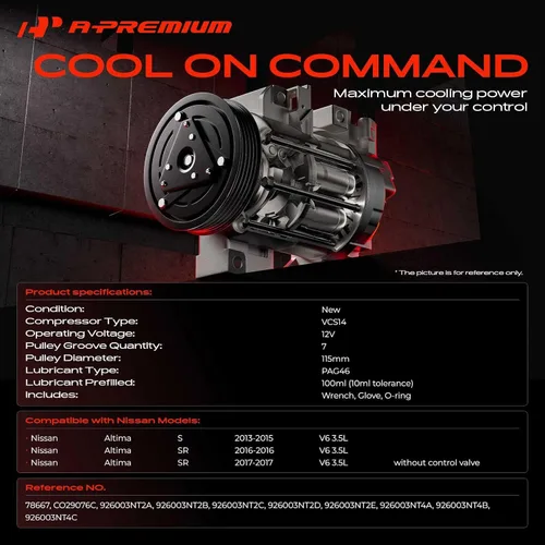Miniatura 2 de A-Premium Compresor de aire acondicionado de CA con embrague compatible con Nissan Altima (modelo S) 3.5L 2013-2015, Altima (modelo SR) 3.5L