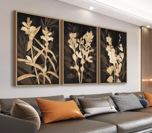 Arte de Pared Enmarcado Rústico Grande - Cuadros de Lienzo Negro con Ramas de Flores Marrones con Marco Flotante Natural, Decoración Retro de Hojas
