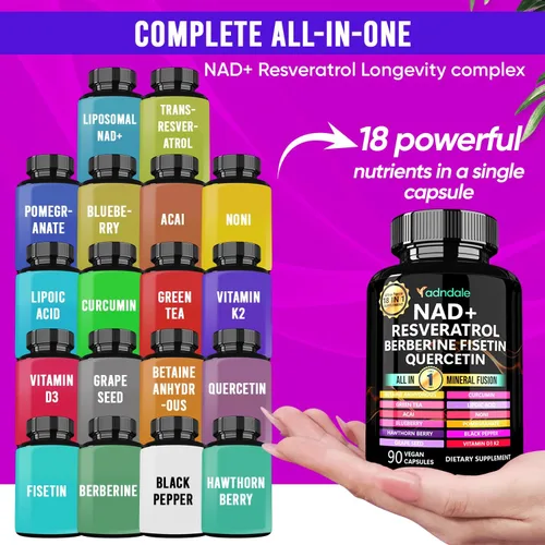 Miniatura 5 de Adndale Suplemento liposomal de NAD. Fórmula de longevidad alternativa al suplemento NMN. Resveratrol avanzado de 180CT NAD+