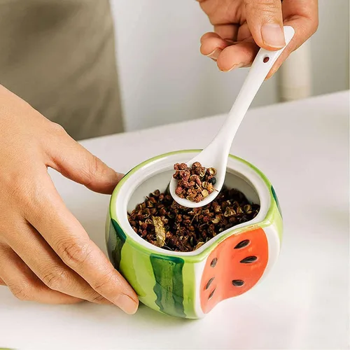 Miniatura 2 de Cerámicas Tazón de Azúcar en Forma de Fruta, Salero, Pimentero, Frasco de Almacenamiento con Tapa y Cuchara, Caja de Condimentos, Ollas de Sandía
