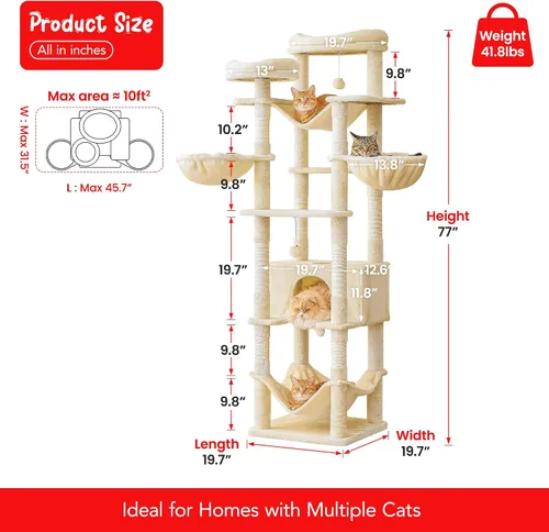 Miniatura 6 de Árbol para gatos de 77 pulgadas de alto, torre grande de varios niveles para gatos con 4 hamacas, 2 perchas acolchadas, condominio para gatos, Beige