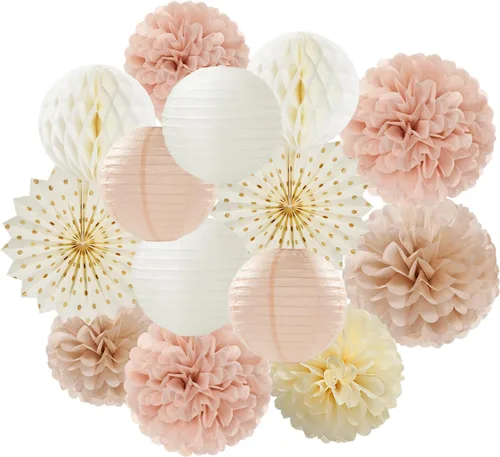 Serpentinas bohemias para decoración de fiesta color champán, dorado, beige, melocotón, 14 piezas de otoño neutros para baby shower, rústico,