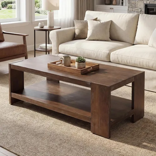 Miniatura 5 de chairus Mesa auxiliar de 47 pulgadas con almacenamiento de 2 niveles, mesa central rectangular de granja con patas de madera de pino maciza