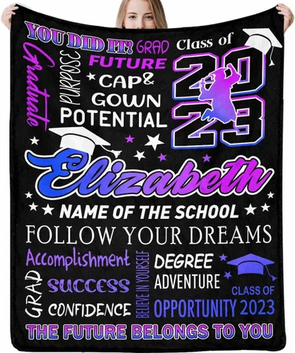 Miniatura 15 de Decoraciones de graduación 2023, manta de regalo para ella, él, felicitaciones 2023, azul oscuro, manta de graduado con nombre personalizado, No.11