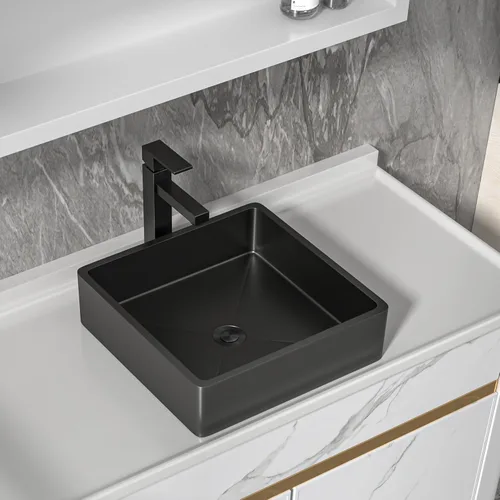 Miniatura 9 de Fregadero de recipiente blanco redondo - Fulorni 33x33 cm Lavabo de baño de cerámica de porcelana con borde dorado sobre encimera, fregadero